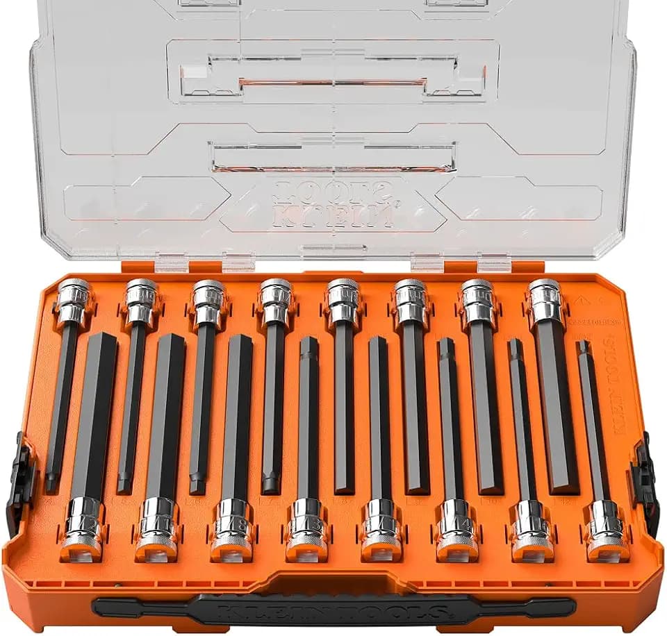 Klein Tools 652216HEXL Long Hex Bit Socket Set, 16-Piece, SAE and Metric Socket Set, Long Hex Bits, MODbox Case