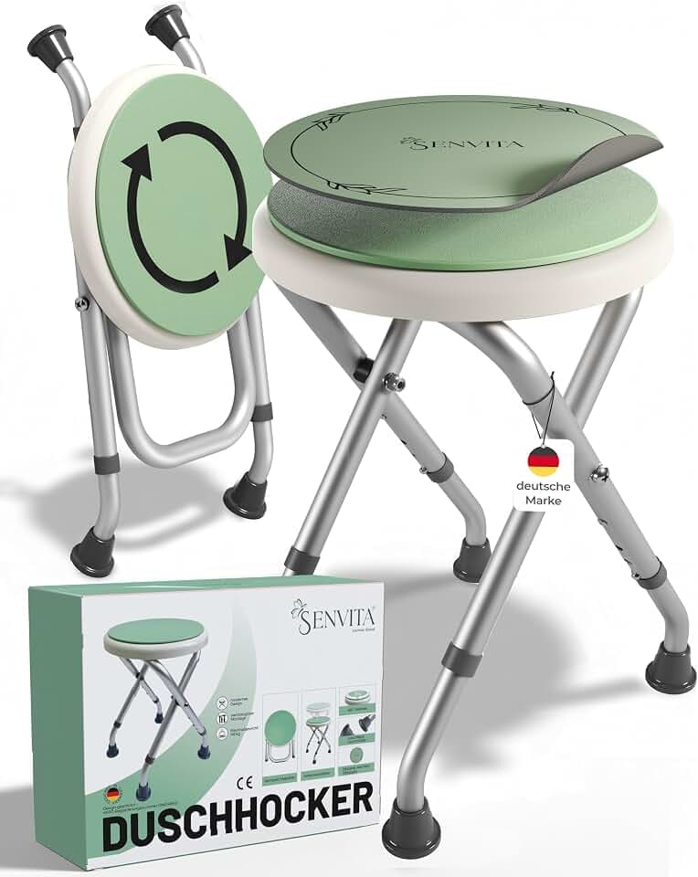 Duschhocker Senioren, klappbar, höhenverstellbar, 360° drehbar, 160kg | Rutschfest, rostfrei, mit Sitzkissen – zur Rehabilitation geeignet, vielseitig als Duschstuhl, Badhocker & Badewannensitz