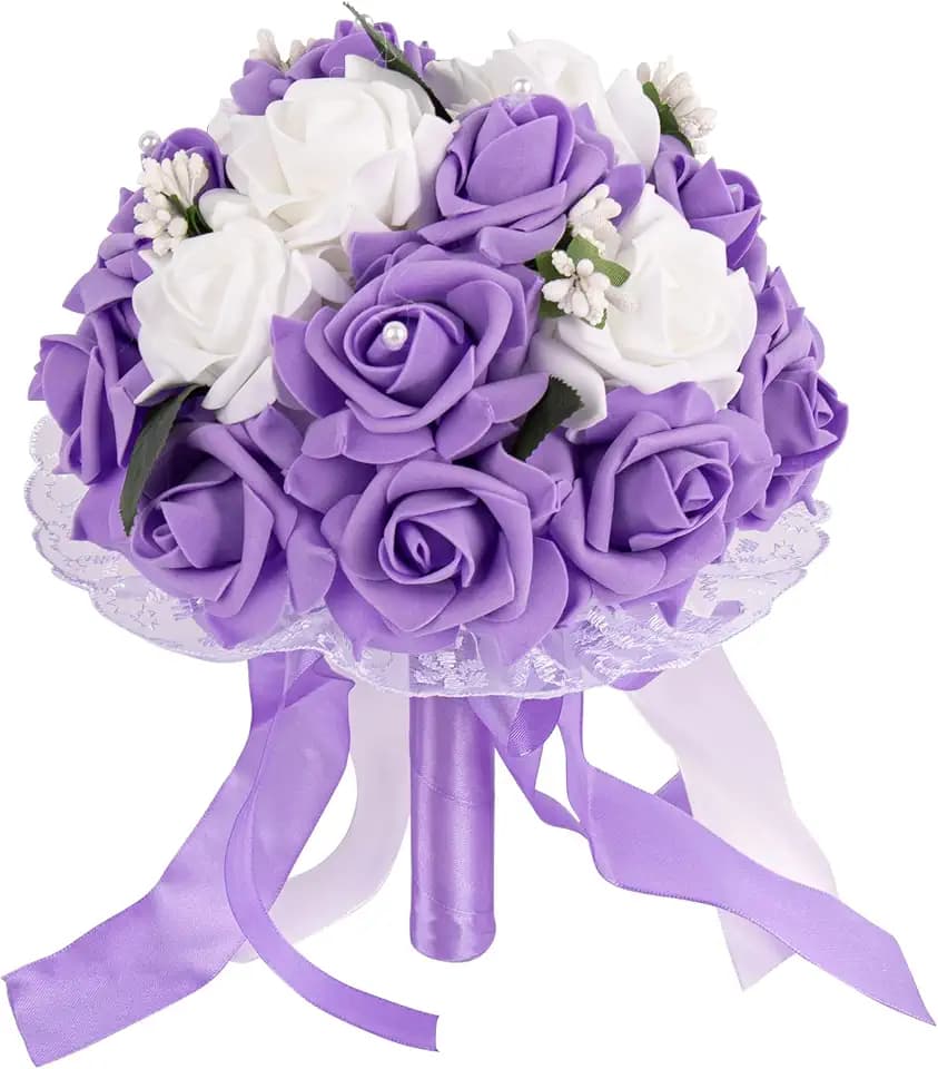 AUEAR, Wedding Bouquets Flower Bridal Bridesmaid Pearl Silk Artificial Rose for Bride Party and Church (Purple)