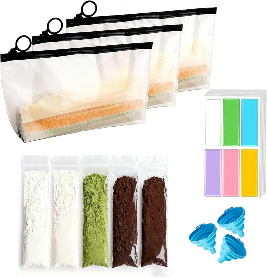 Asix Toy 100 pcs Protein Powder Travel Container Set,Protein Powder Container to Go,Reusable Single Dose Bags & 3Pcs Large Zip Bags,with Funnel Labels,Powder Dispenser for Travel Fitness Workout