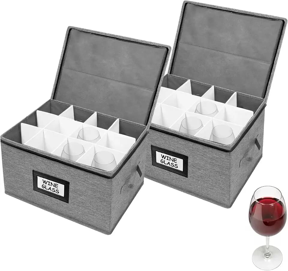 HURZMORO Wine Glass Storage Box 2-Pack – Holds 24 Stemware Glasses, Padded Dividers for Protection, Stackable & Portable Wine Glass Organizer, Oxford Fabric Moving & Holiday Storage Case