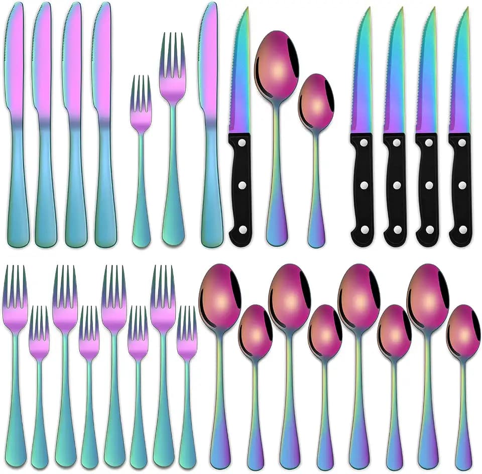 24 PCs Colorful Rainbow Silverware Sets Service For 4, Dining Utensils Set