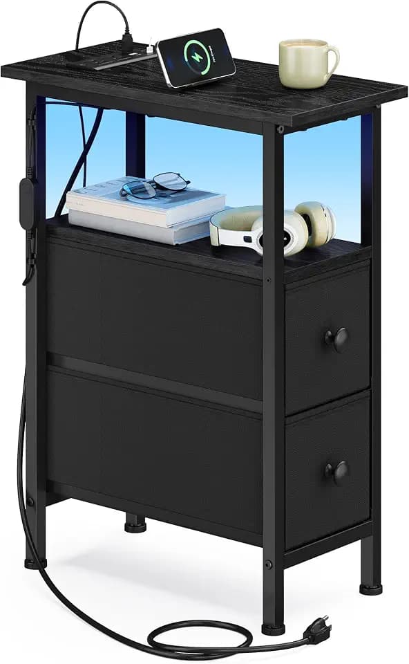 SONGMICS Side Table with LED Light, Narrow End Table with 2 Fabric Drawers