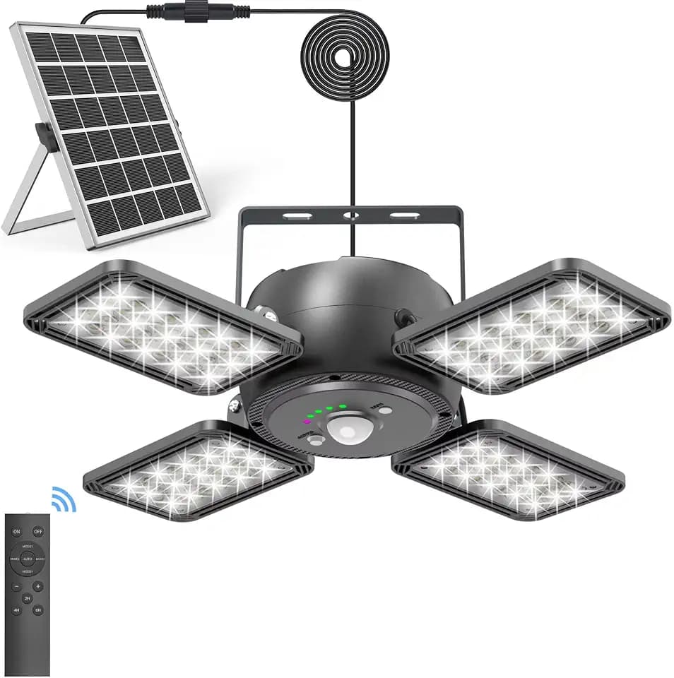 INXPHY Solar Shed Light, 1200LM 144LED Motion Sensor Pendant Light, 5 Lighting Modes Remote Control 4-Leaf 120° Adjustable, IP65 Waterproof Split Solar Panel for Indoor Outdoor Yard Garage