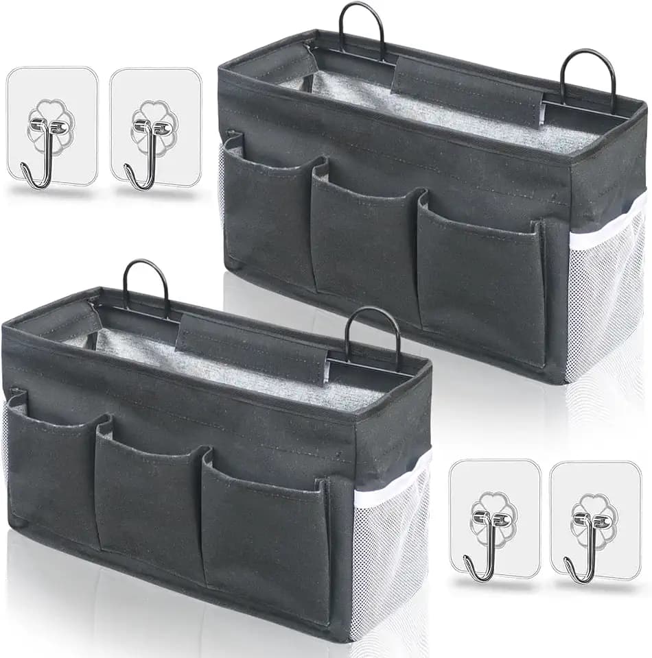 Kanrichu 2pcs 3-pockets Large Wall Hanging Organizer Bag, Linen Fabric Door Hanging Storage Baskets with Pockets, Waterproof Bin for Kitchen, Bedroom, Office, RV Camper (Black-2pcs)
