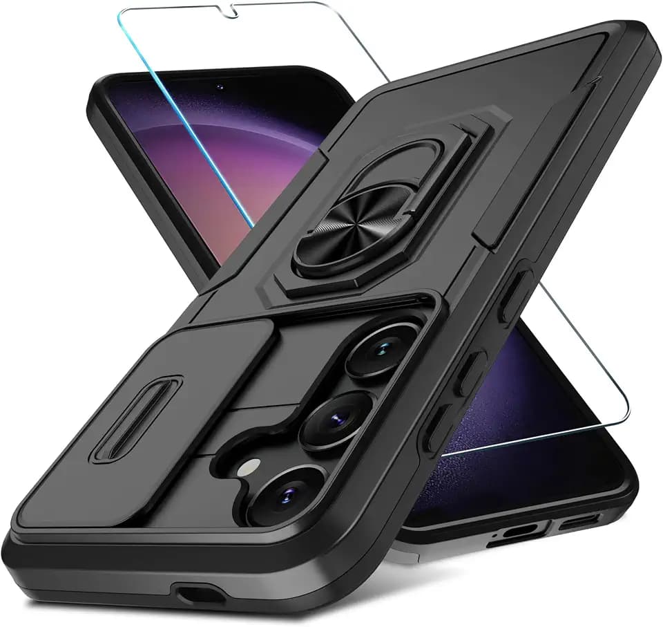 for Samsung Galaxy S24 Case 5G with Tempered Glass Screen Protector,Built in Slide Camera Lens Cover+Finger Ring Stable Kickstand,Heavy Duty Shockproof Protective Phone Cover,Black