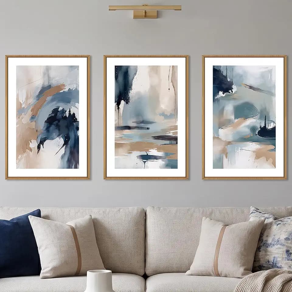 KAIRNE Navy Blue Abstract Brush Stroke Framed Canvas Wall Art Set-16"x24"x3