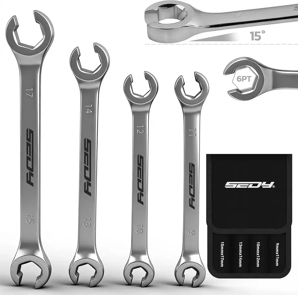 SEDY 4-Piece Flare Nut Wrench Set, Offset End Spanner Metric 9 10 11 12 13 14 15 17mm, CR-V Steel Storage Pouch Repair and Remove Nuts on Fuel Tube Hose Transmission Line