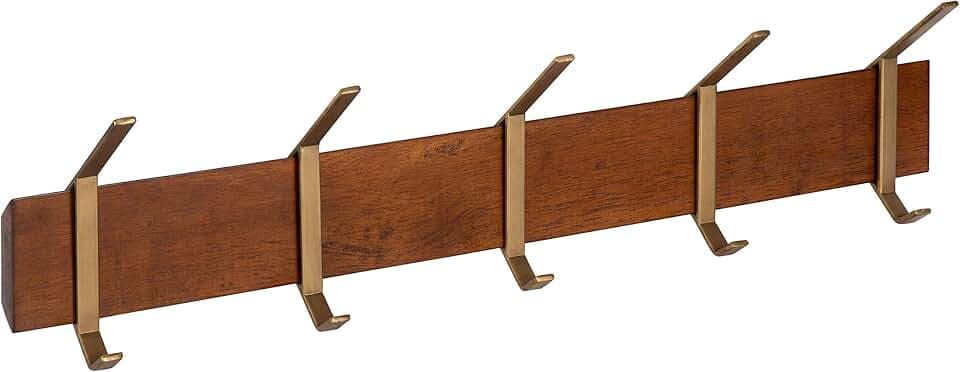 Kate and Laurel Rossmore Modern 5 Hook Shelf, Walnut and Gold, Mid-Century Coat Rack