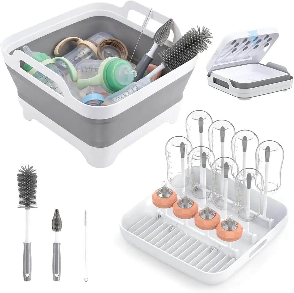 Yecuip Collapsible Baby Bottle Wash Basin w/Drying Rack & Drain Plug, Gray