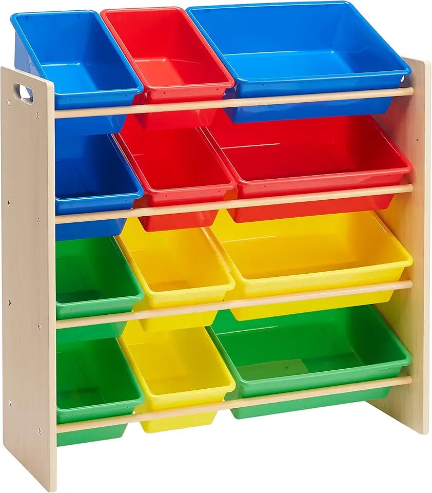 Amazon Basics Kids Toy Storage Organizer With 12 Plastic Bins, Natural Wood, Multicolor, for Bedroom and Playroom, 33.85"D x 12.79"W x 35.42"H