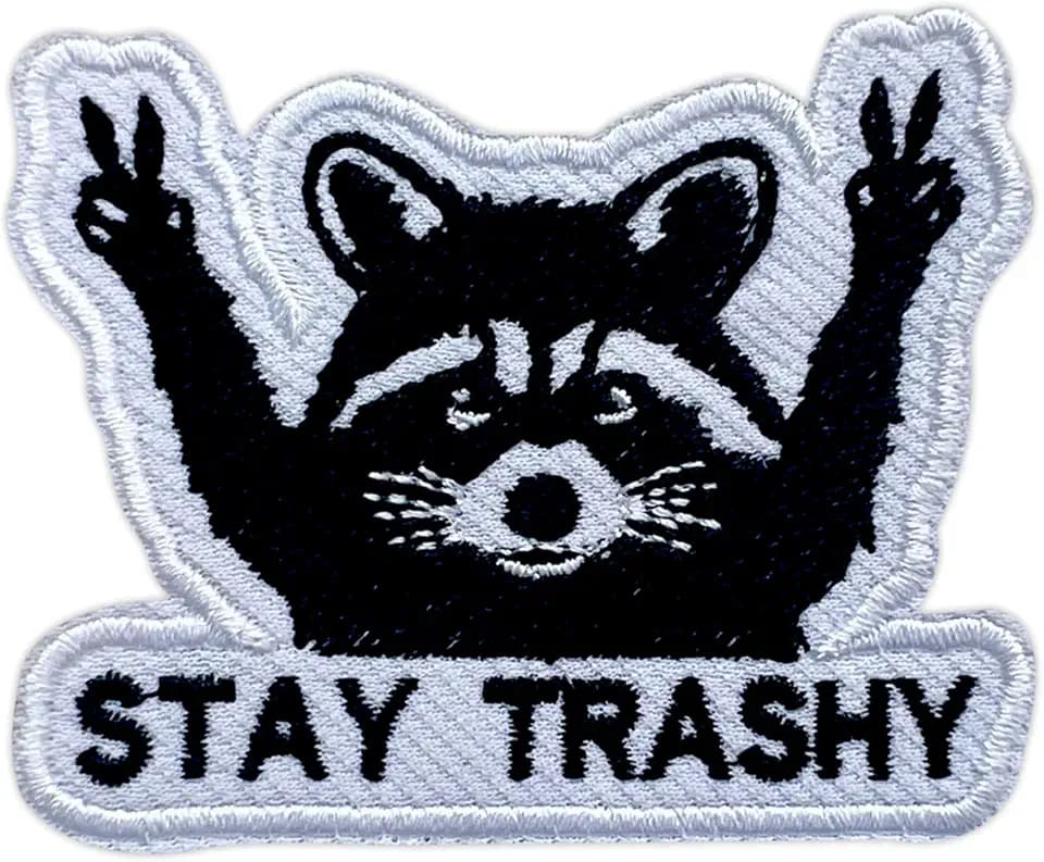 Stay Trashy Racoon Embroidery Patch for Clothes Backpacks Hats Jeans Bags, Raccoon Size 3" Iron Patch or Sew On Patches, Cute Animal Applique Embroidery Patches, Funny Gift for Girls Boys
