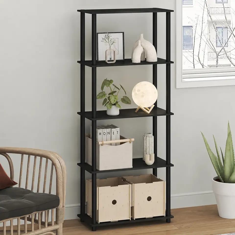 Furinno Turn-N-Tube Toolless Assembly 5-Tier Storage Shelves, Black Book Shelf, Open Storage Bookshelf, for Organization and Storage, Living Room, Home Office, Bedroom, Black Espresso