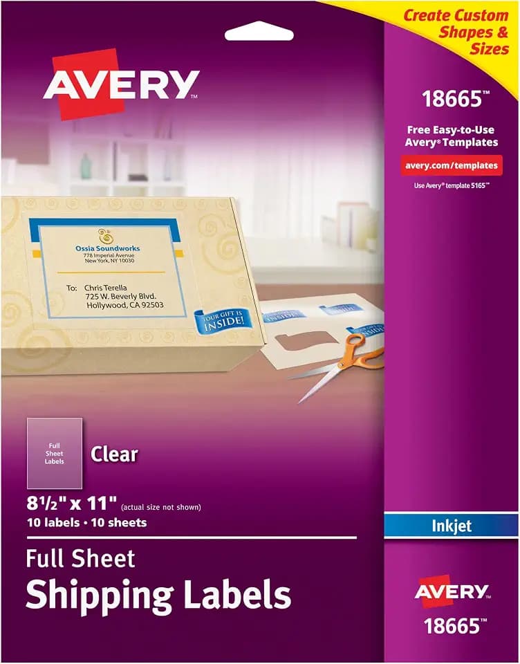 Avery® Full Sheet Printable Shipping Labels, 8.5" x 11", Matte Clear, 10 Blank Mailing Labels (18665)