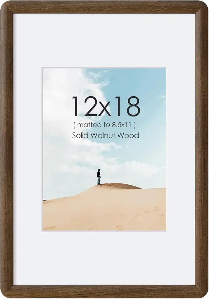 12x18 Solid Walnut Wood Picture Frame, 12 x 18 Picture Frame With Mat For 8.5x11, 12x18 Poster Frames for Wall, Wooden Photo Frame with HD Tempered Glass,Vertical & Horizontal Wall Hanging Display