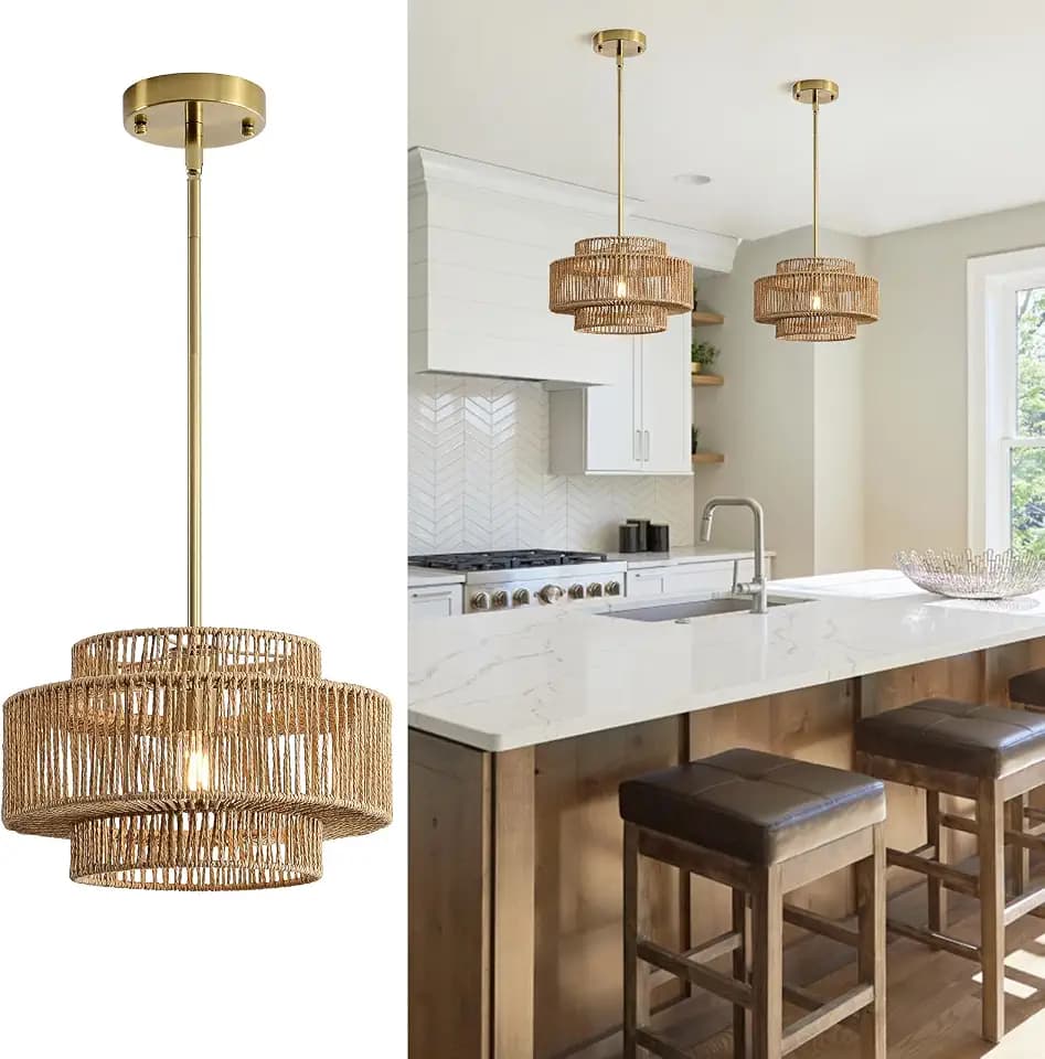 12.4" Rattan Pendant Light for Kitchen Island, Boho Chandelier