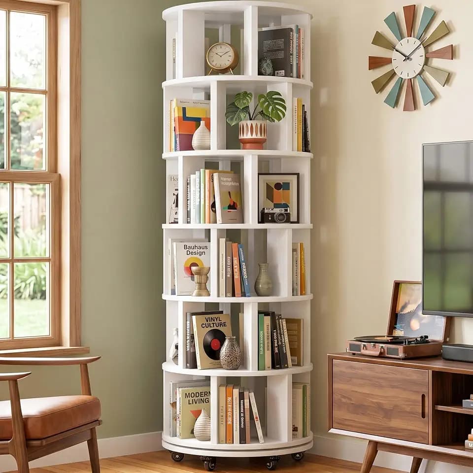 Besiost 6-Tier Rotating Bookshelf Tower, Solid Wood 360° Revolving Bookcase