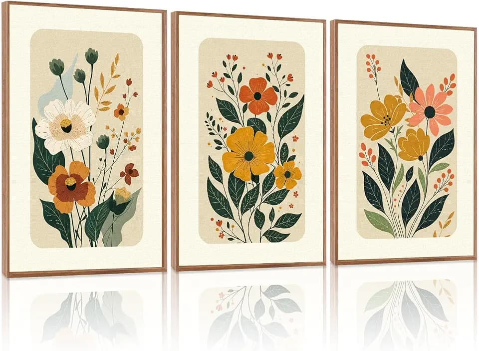 LHIUEM Boho Floral Botanical Framed Canvas Wall Art Set,Abstract Vintage Beige Wall Decor,Minimalist Wildflowers Artwork for Living Room,Bedroom,Dining Room,Office -24"x36"x3