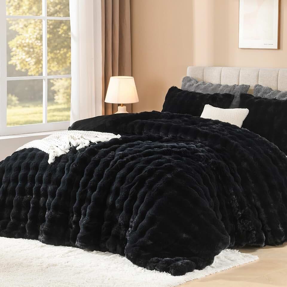 Andency Fluffy Queen Comforter Set Black, Rabbit Faux Fur Bedding 3 Pieces