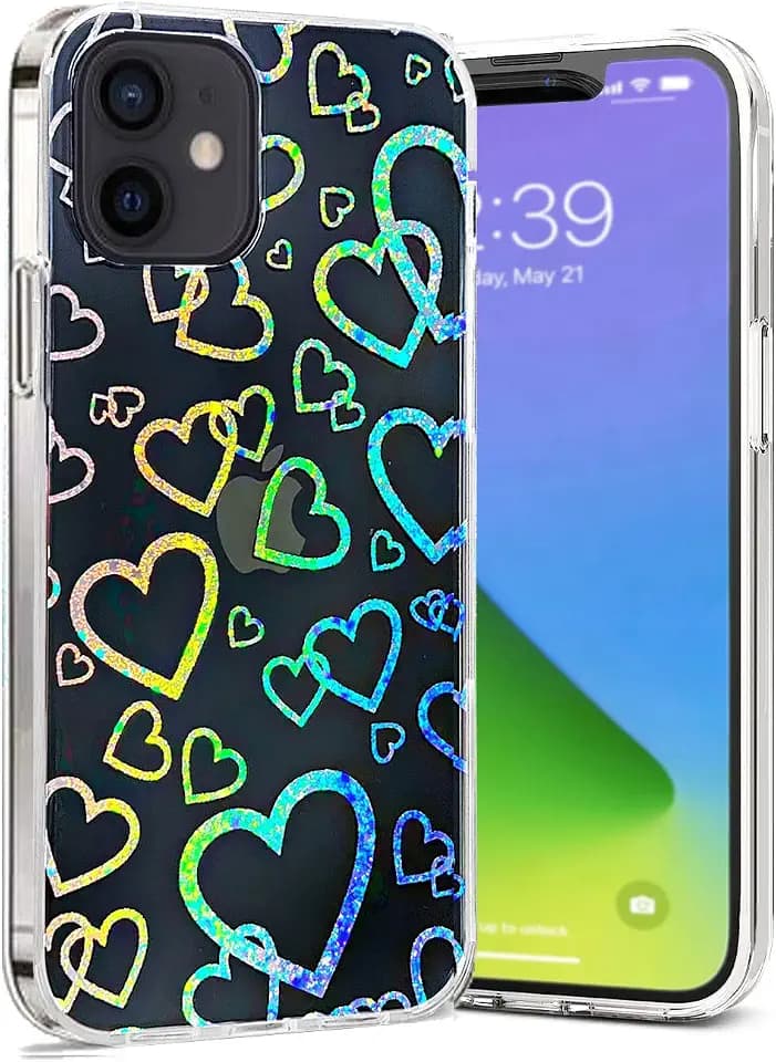Abbery für iPhone 12/12 Pro Hülle Durchsichtig mit Motiv Reflektieren Herzen Glitzer Holografisch Bunt Herz Muster Transparent Case für Frauen Mädchen Stoßfeste Schutzhülle Handyhülle für 12/12 Pro