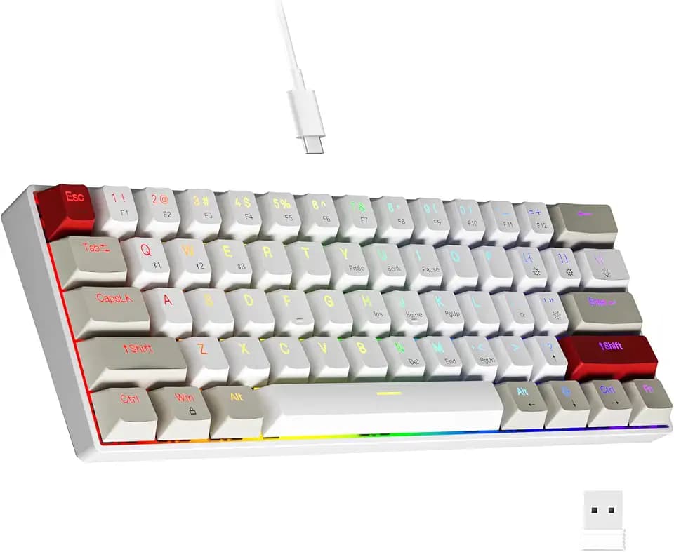 Newmen GM610 Gaming-Tastatur, 60% Weiß & Grau, mit zusätzlichem Keycap-Spiel, RGB mechanische Tastatur, kabellos, Bluetooth und kabelgebunden, Upgrade-fähig für Win/Mac/Android, Gamer-Tastatur