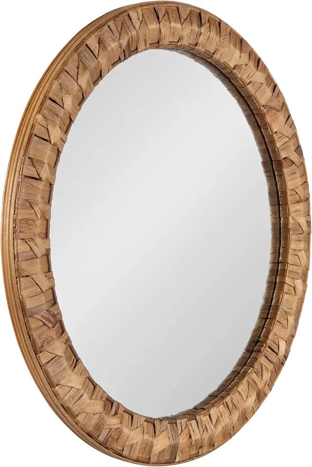 Kate and Laurel Laalima Boho Woven Round Mirror, 26 Inch Diameter, Rustic Brown, Decorative Circle Mirror with Authentic Water Hyacinth Frame for Coastal Mirror Decor