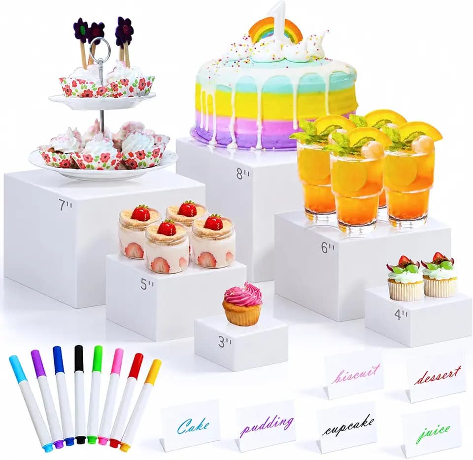 ABenkle 6Pcs White Acrylic Buffet Risers, Buffet Table Risers and Stands, Food Risers Display Shelf for Party Catering Dessert Cupcake,Cube Display Box with Mini Sign