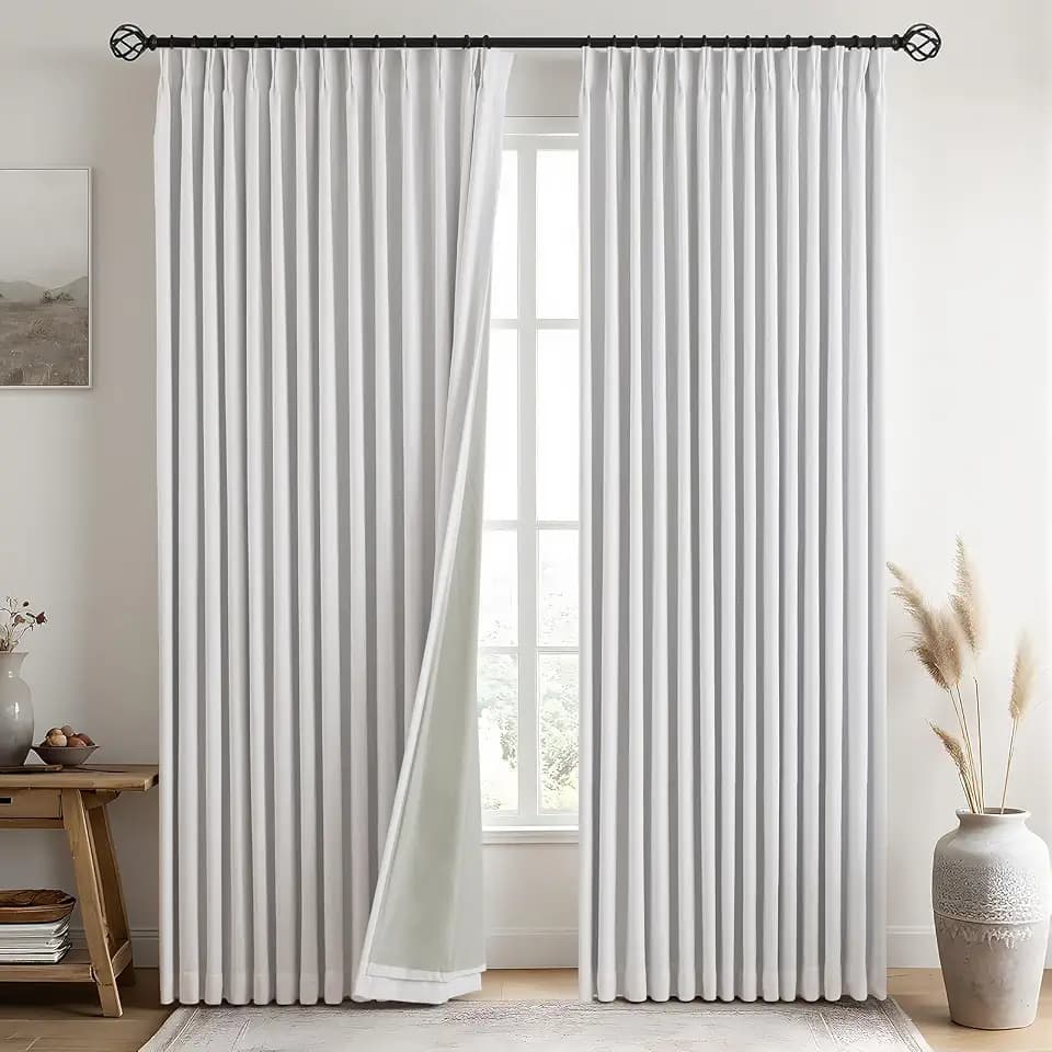 IVAPUPU White Linen Pinch Pleated Full Blackout Curtains 90 Inches Long