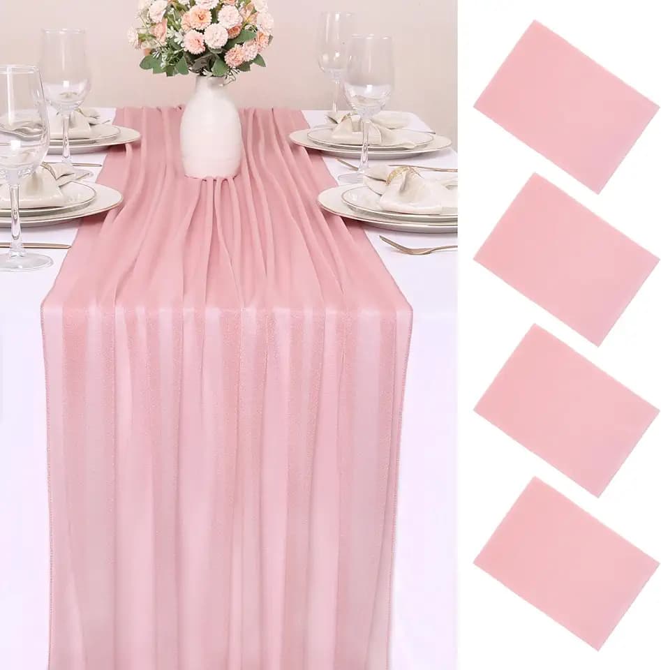 4 Pcs 10FT Dusty Rose Chiffon Table Runners 30x120 Inches Boho Tulle Fabric Sheer Table Runner for Wedding BridalShower Birthday Party Decorations
