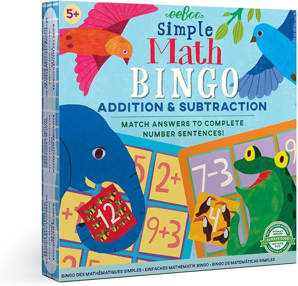 eeBoo: Simple Math Bingo Game for Kids Ages 5+, Addition & Subtraction Learning Game that Builds Skills & Conversation