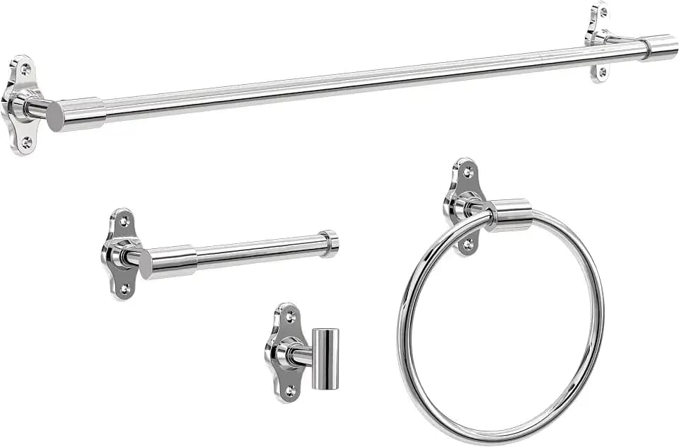 Franklin Brass Calloway 4-Piece Bathroom Set Polished Chrome 18" + 6" Towel Rack, Toilet Paper Holder, Hand Towel Holder, Hook | 4-Piece Bath Hardware Accessories Set CLWY64-PC