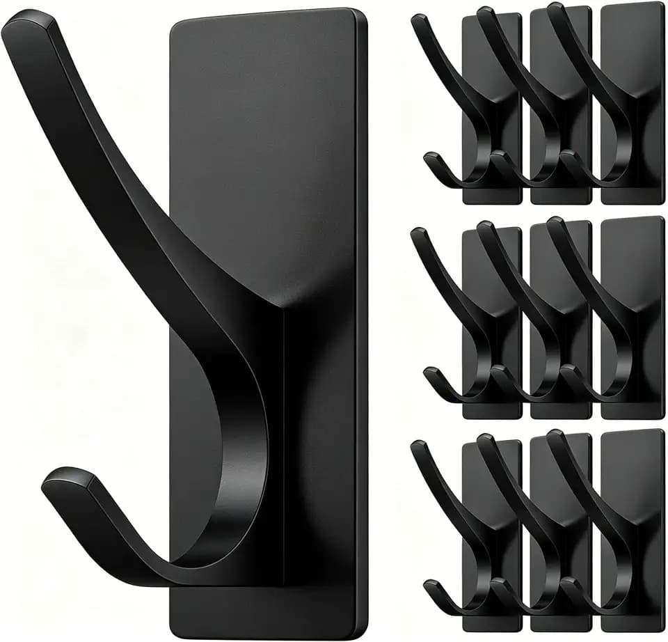 10-Pack Self Adhesive Towel Hooks: Extra Strong 13LB, Stainless Hook for Hanging Loofah, Towels, Coat, Bath Robe Bathroom Shower, Black