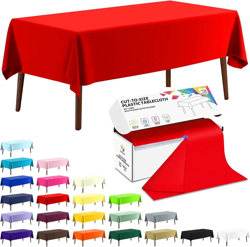 CXPSINC 54 Inch X 300 Feet Plastic Table Cover Roll Disposable Tablecloth with Slide Cutter for All Type/Shape Tables | Party, Banquet, Birthdays, Weddings(Red, 300 Feet)