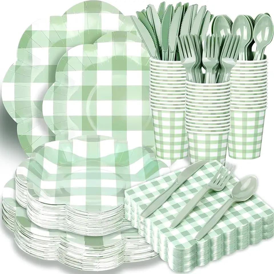 175pcs Gingham Party 25 Piece Dinnerware Set Sage Green Gingham Paper Plates and Napkins Knives Spoons Forks Cups Disposable Party Utensils for Baby Shower Birthday Picnic Wedding