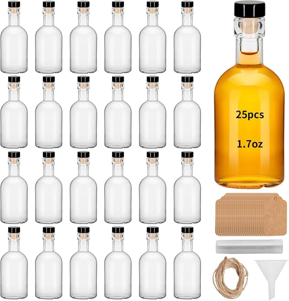 25 Pcs 1.7OZ Mini Glass Liquor with Black Lids Small Glass Wine Bottles Reusable Empty Alcohol Bottles for Christmas Birthday Weddings Party Favors
