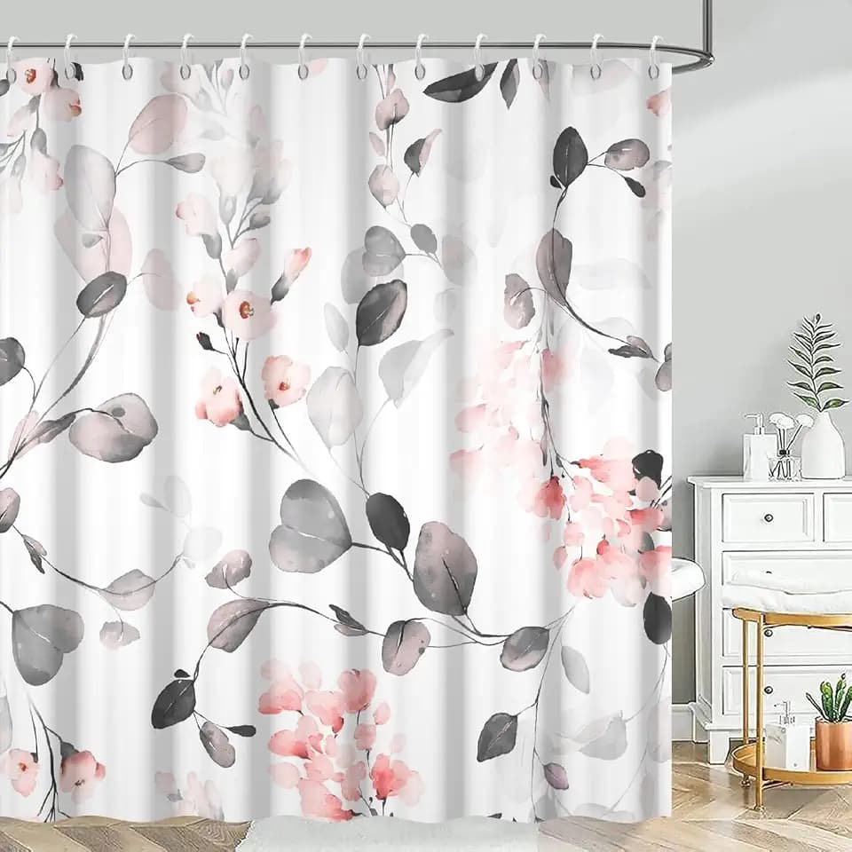 Grey Eucalyptus Shower Curtain, Grey and Pink Floral 72x72 Inch