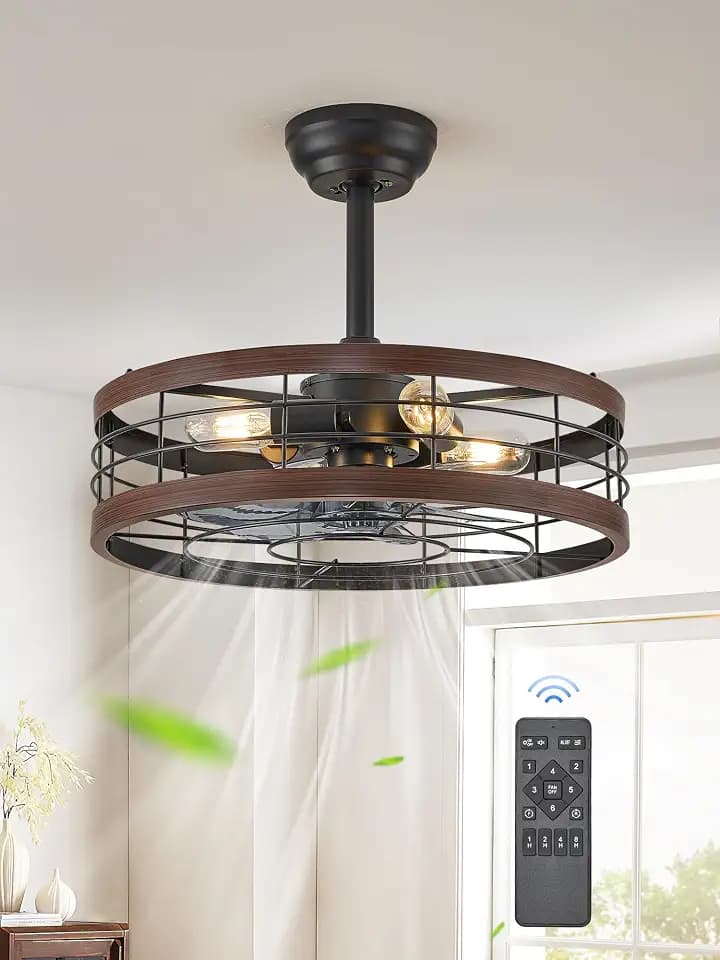 LEDIARY 20 inch Fandelier Caged Ceiling Fan with Light and Remote, Walnut