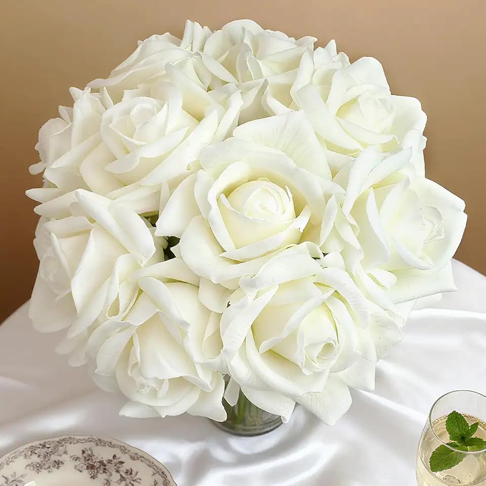 10Pcs Artificial Roses Single Stem,White Roses Fake Flower,10.2In