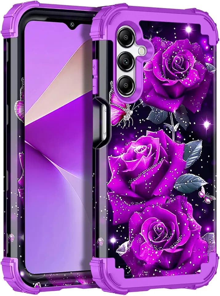 Miqala for Galaxy A15 5G Case,Glow in The Dark Three Layer Heavy Duty Shockproof Full Protection Hard Plastic Bumper+Soft Silicone Protective Case for Samsung Galaxy A15 5G 6.5 inch,Deep Purple Rose