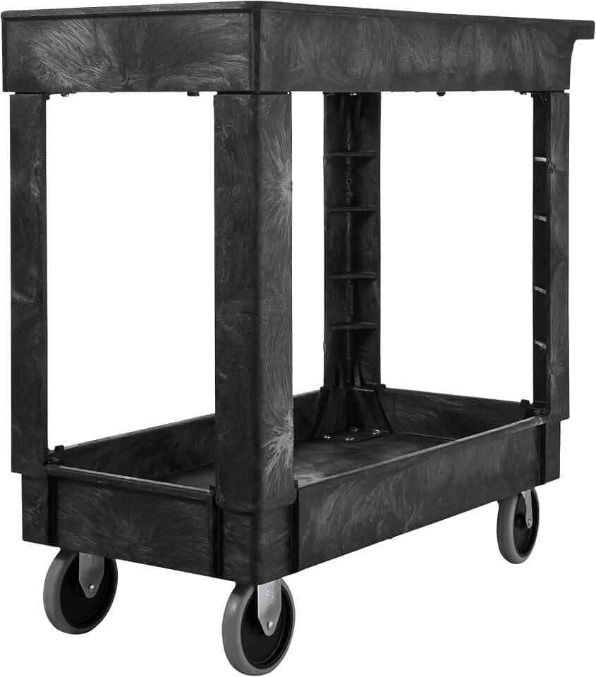 Rubbermaid Commercial Products 2-Shelf Service/Utility Cart with Wheels, 300-Pound Capacity, Black, Lipped Shelves with Handle, Use in School/Restaurant/Warehouse/Manufacturing