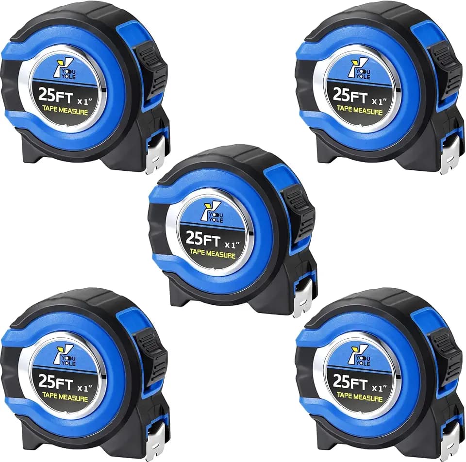 Youyole 5 Pack Tape Measure Fractions 1/8 Steel Blade,25 Ft X 1 in,Blue