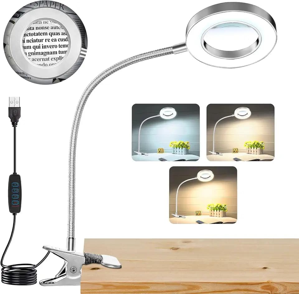 10X Magnifying Glass with Light and Stand,Hands Free Clip on Magnifier Lamp