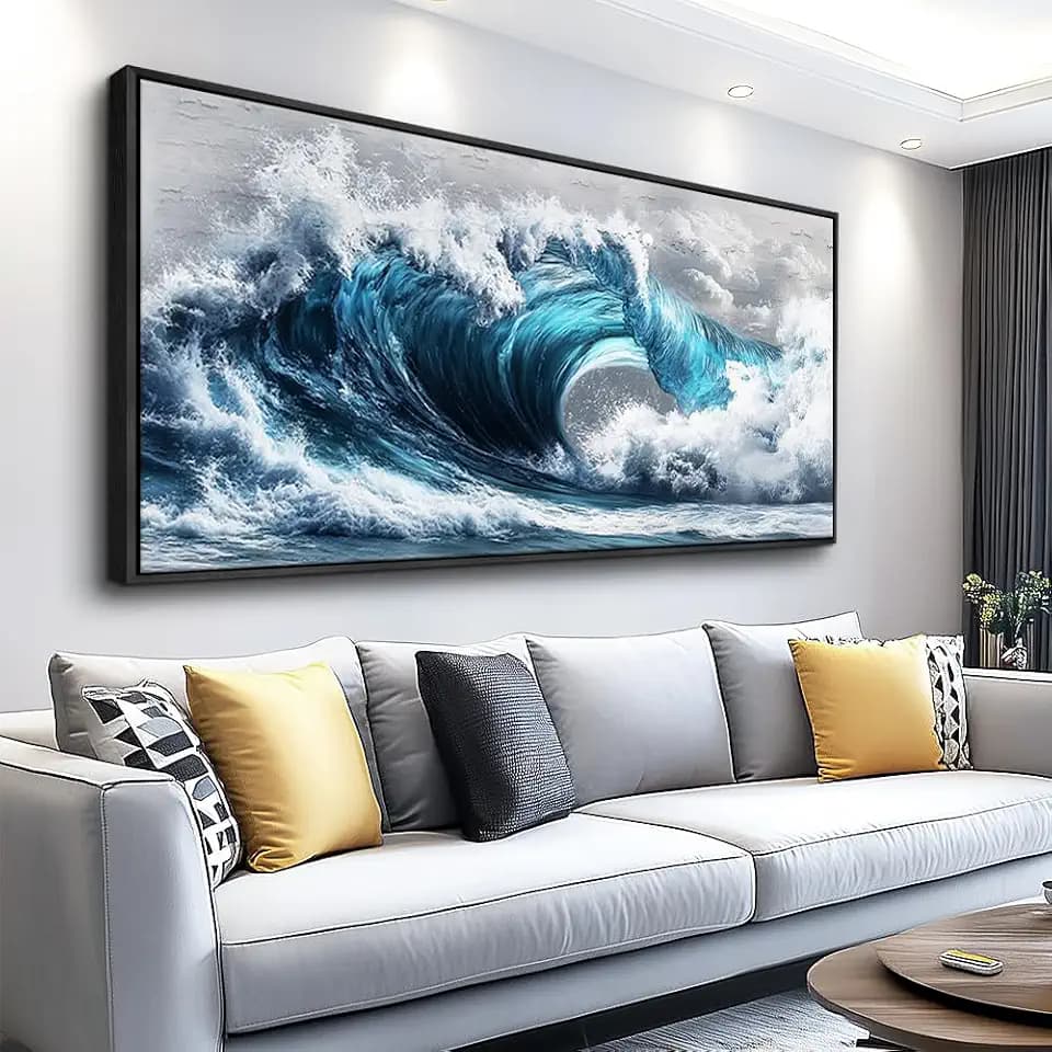 PHAOHUAXM Blue Ocean Wave Paintings Wall Art Black Framed 20x40 In