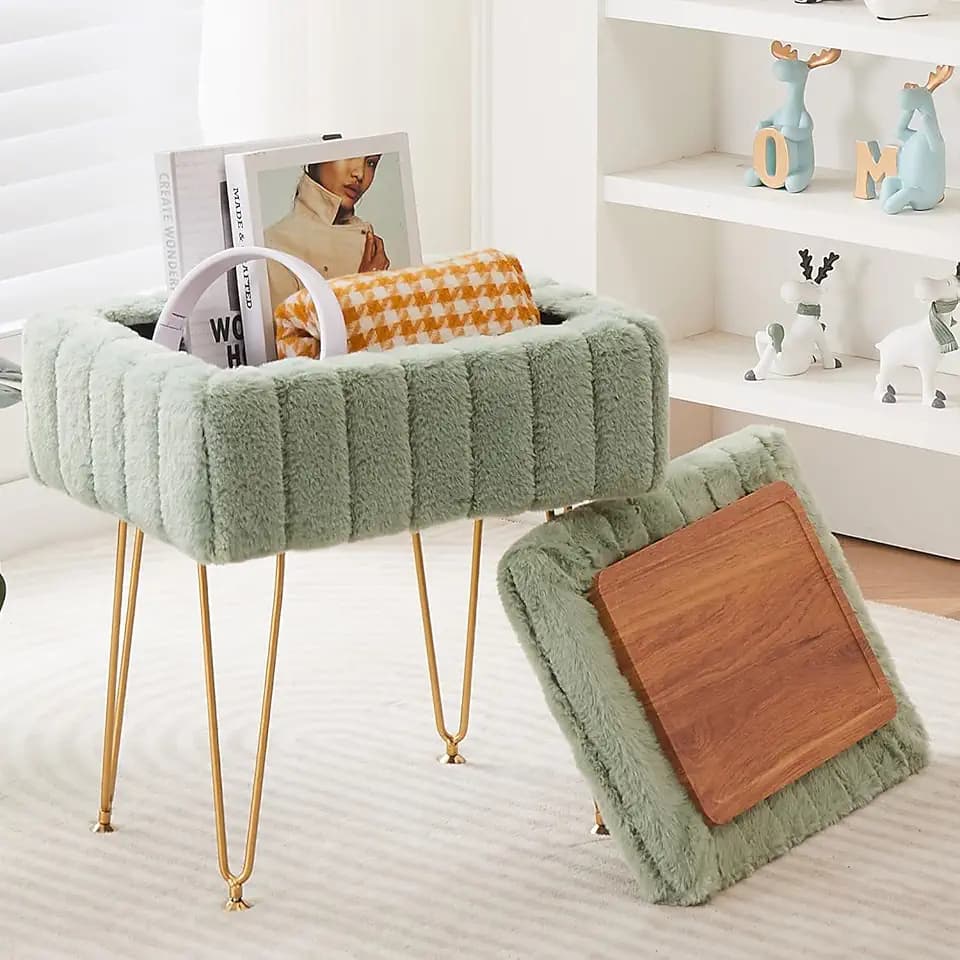 16.5" Faux Mink Fur Storage Ottoman Soft Footstool Vanity Chair Metal Legs