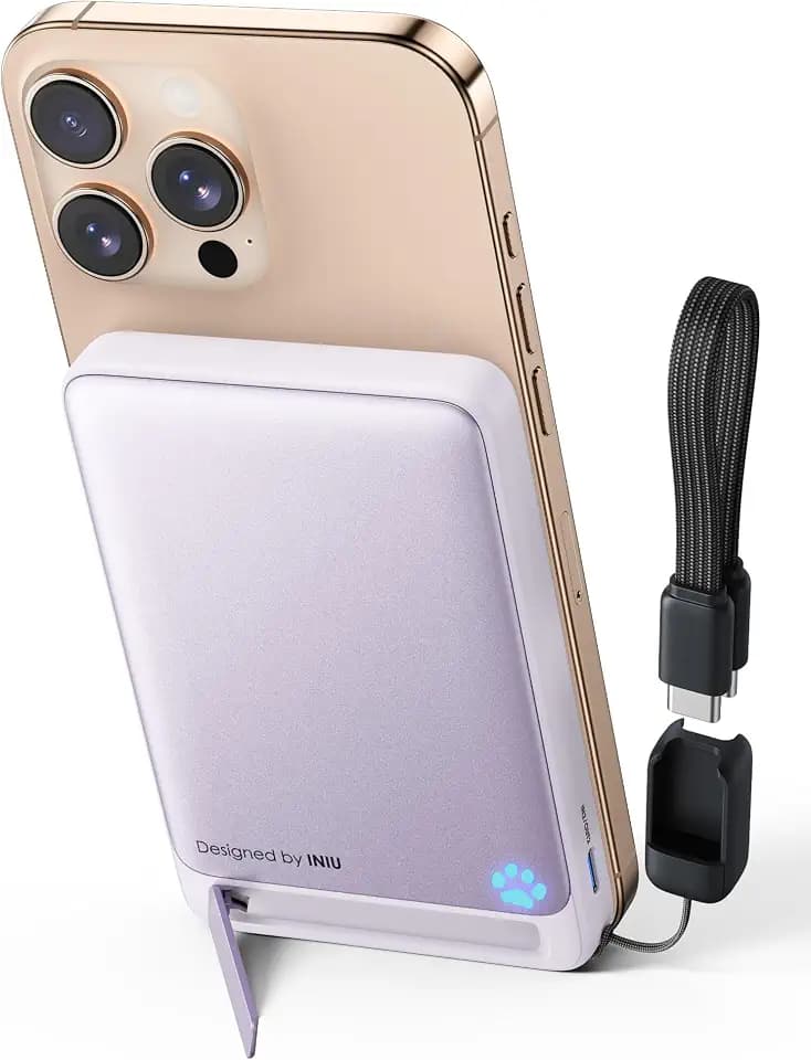 INIU Ultra-schlank 10000mAh Power Bank für MagSafe, Original Qi2-zertif. Wireless Fast Charging für iPhone 17-12 Serie, 45W Externe Akku mit USB C Kabel & Ständer, Reise Magnetische Batterie, Lila
