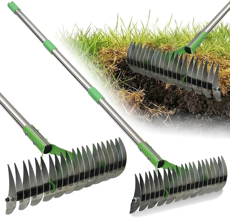Heavy Duty Thatch Rake for Lawns - 13” Deep-Clean Dethatching Rake for Dead Grass & Moss Removal, Dual-Sided Manual Dethatcher and Scarifier Tool, 65" Long Metal Handle for Garden Yard Lawn Care