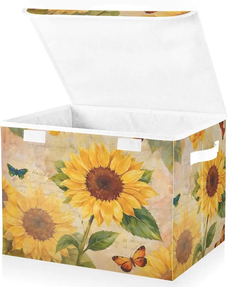 SUABO Vintage Sunflower and Butterfly Storage Bin with Lid Large Oxford Cloth Storage Boxes Foldable Home Cube Baskets Closet Organizers for Nursery Bedroom Office
