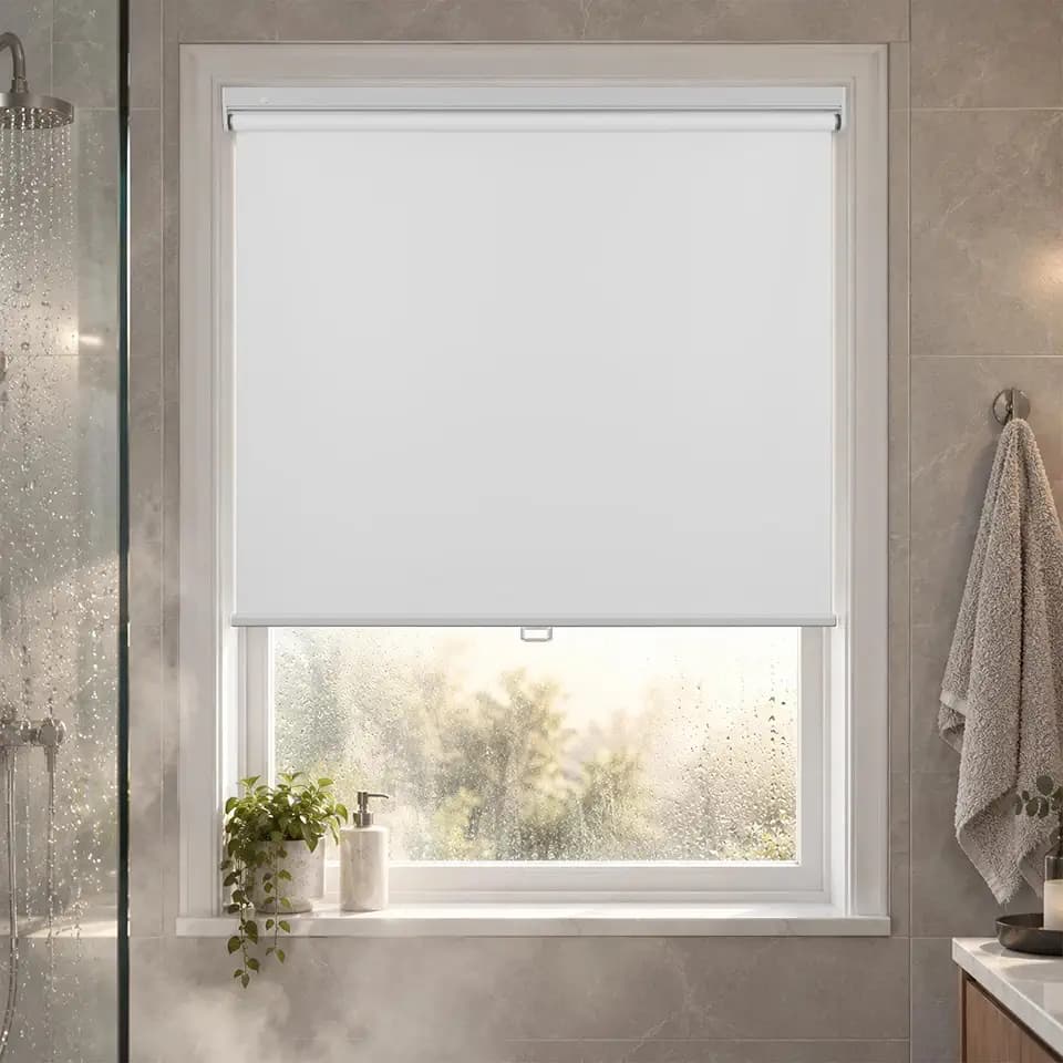 HESTIA No Drill Cordless Blackout Roller Shades Screwless Waterproof Shower Window Blinds, Auto-Retraction Easy Install Blind for Bathroom/Kitchen/Office/Exterior, White, 21" W x 54" H