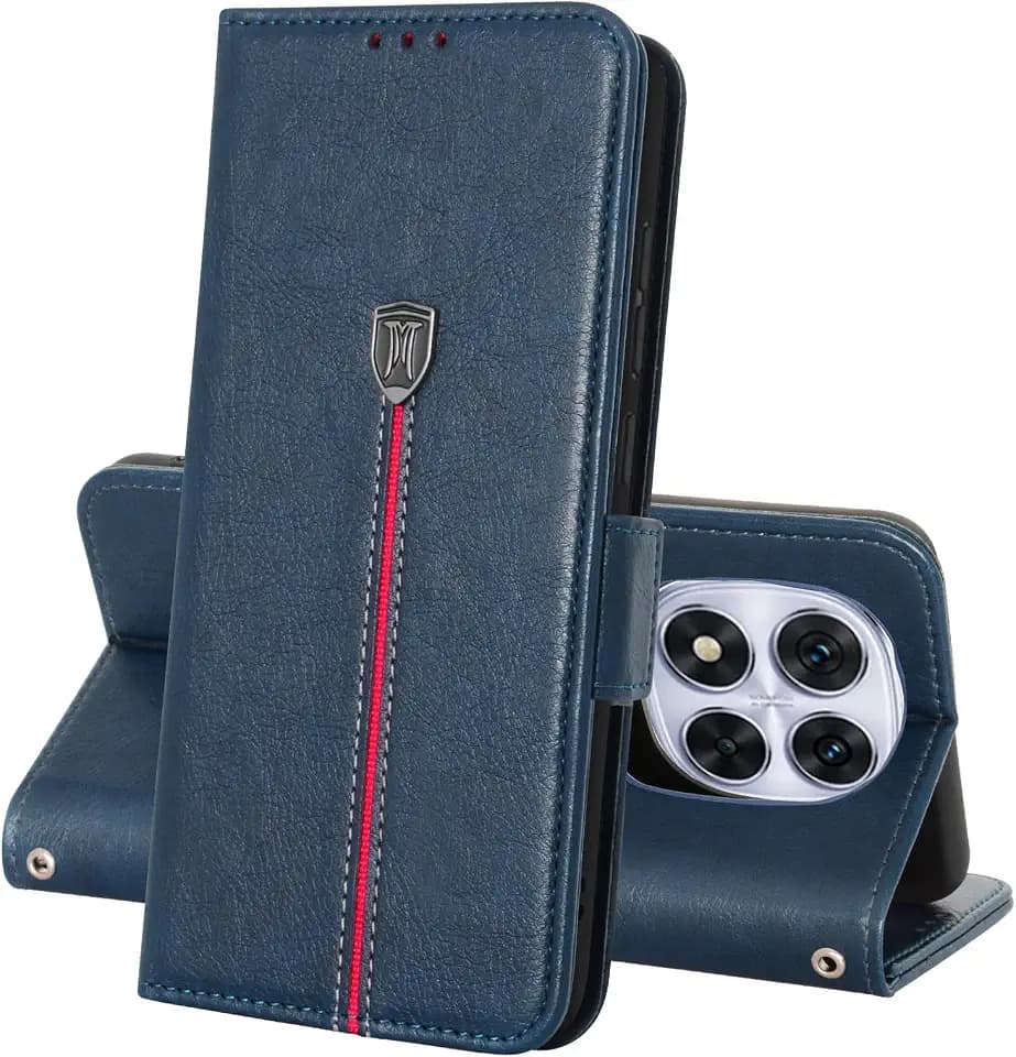 Für Xiaomi Redmi Note 14 Pro 5G/Redmi Note 14 Pro+ Plus 5G Hülle, Magnet Leder Kartenfach Handyhülle, Klappbar Wallet Tasche Schutzhülle, Flip TPU Bumper Silikon Cover, Stoßfeste Case Marine Blau