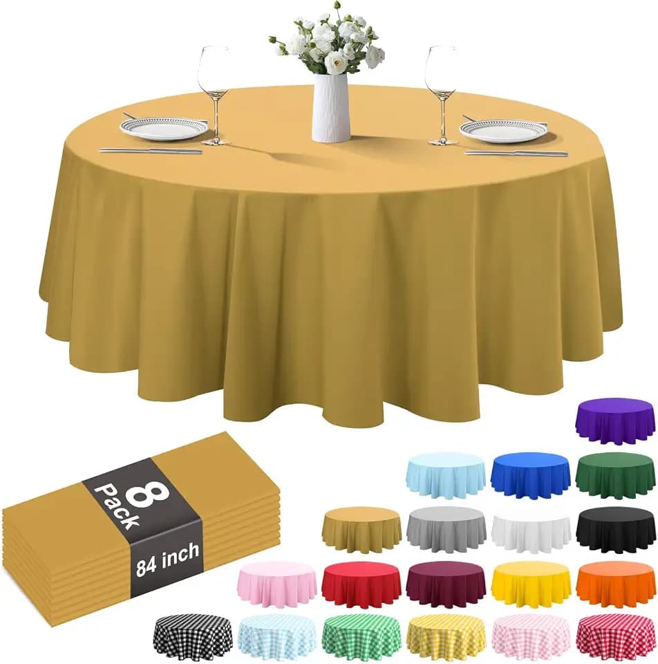 8 Pack Round Plastic Tablecloth 84" Disposable Solid Table Cloths for 6 to 8 Foot Round Tables, Heavy Duty Waterproof Party Table Cover (Gold, Round)